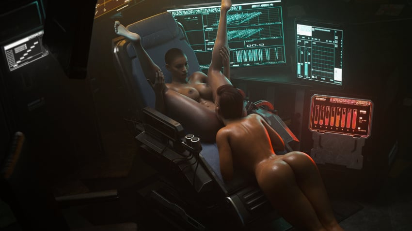 2girls 3d ass bald bald_female belethor's_smut big_breasts breasts cd_projekt_red cunnilingus cyberpunk_2077 dark-skinned_female dark_skin light-skinned_female light_skin nipples oral oral_sex shaved_head t-bug_(cyberpunk_2077) v_(cyberpunk_2077) yuri