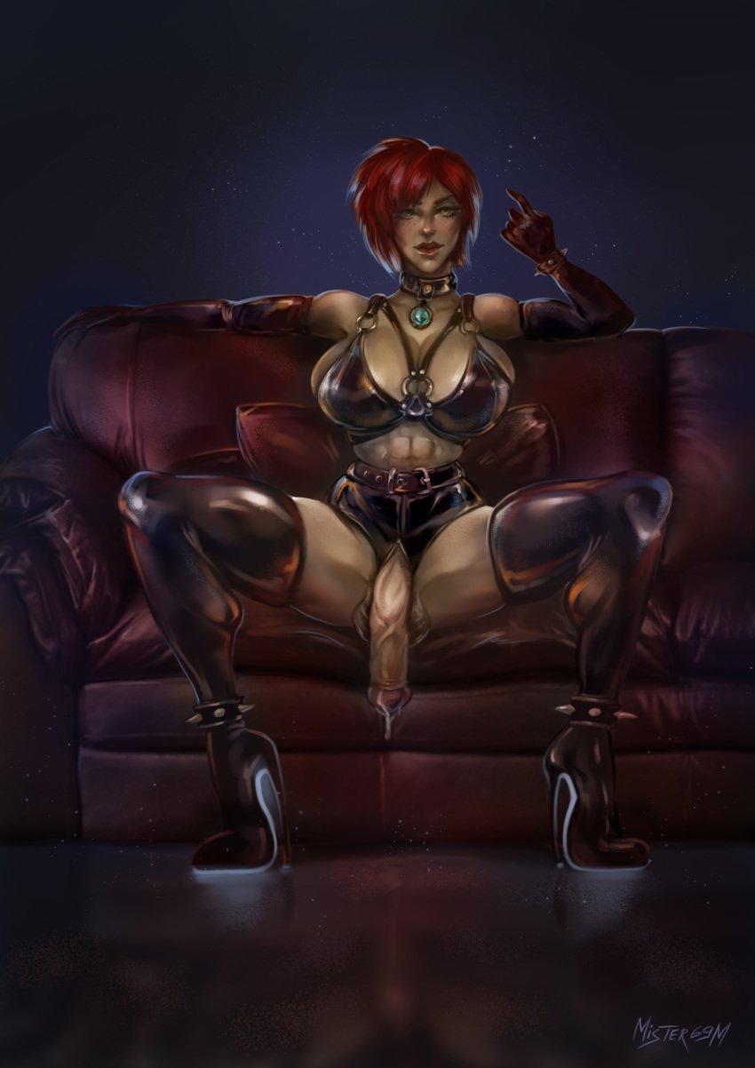 1futa abs artist_name balls belt big_breasts big_penis clothed clothing collar come_hither couch cum_drip final_fantasy_xiv flaccid front_view futanari heterochromia high_heel_boots high_heels highres kazham_kowalska_(tysoukasa) latex light-skinned_futanari light_skin looking_at_viewer mister69m penis_out red_hair roegadyn sitting thighhigh_boots thighhighs watermark