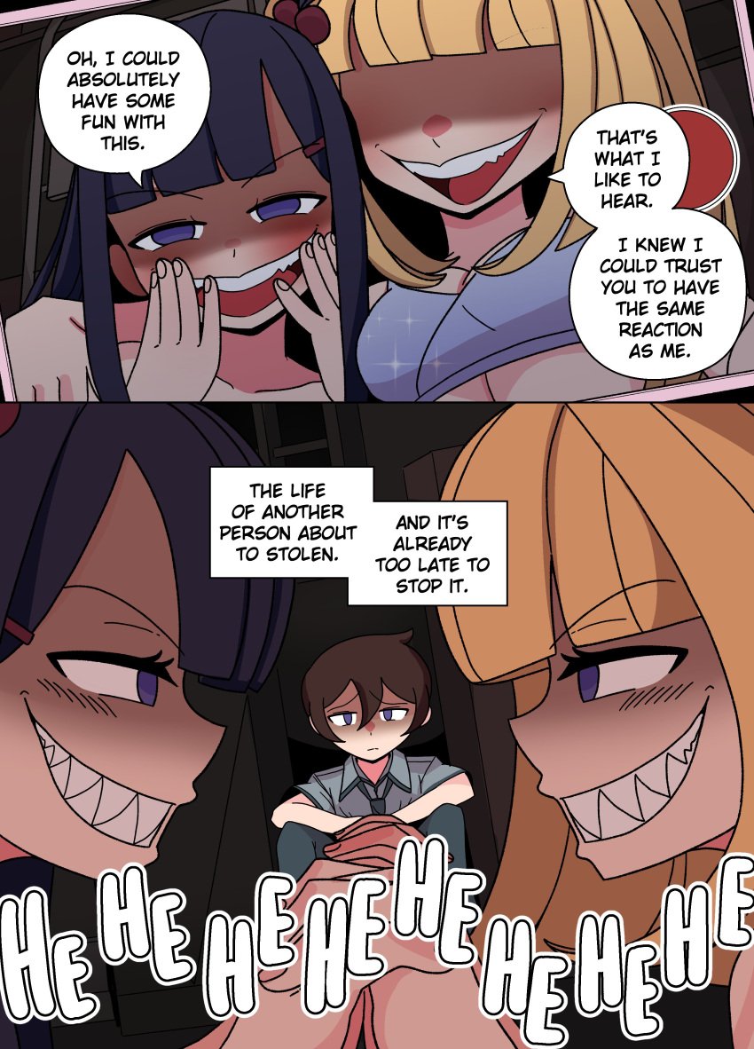 blonde_hair color comic dawn_(impunderneath) disguise ellie_(impunderneath) english_text evil_smile female imposter impunderneath original original_character possessed possession purple_eyes skinsuit