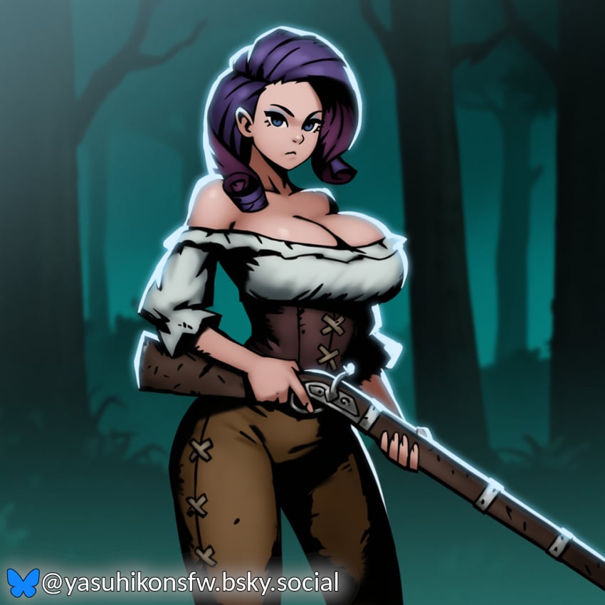 ai_generated big_breasts blouse blue_eyes bluesky_logo bluesky_username bursting_breasts cleavage corset dark_forest darkest_dungeon forest forest_background gun holding_gun hourglass_figure human musket my_little_pony narrow_waist purple_hair rarity_(mlp) style_parody wide_hips yasuhikonsfw