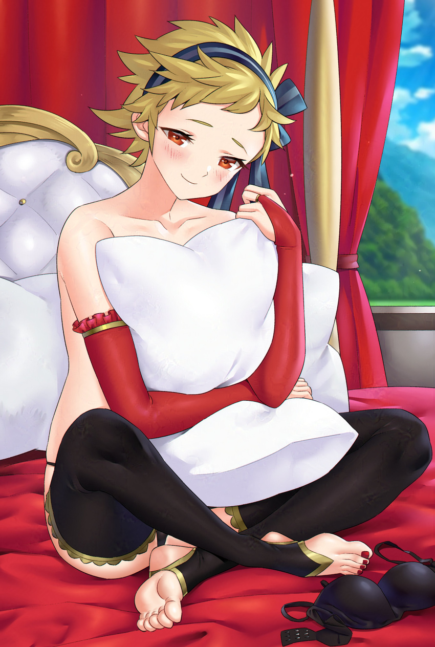 1girls bed bedroom black_panties blonde_hair detached_sleeves feet fire_emblem fire_emblem_fates hairband hugging_pillow igni_tion indoors looking_at_viewer nintendo panties pillow pillow_hug red_eyes red_sleeves red_toenails redkite scarlet_(fire_emblem) short_hair sitting sitting_on_bed smile stirrup_legwear thighhighs topless