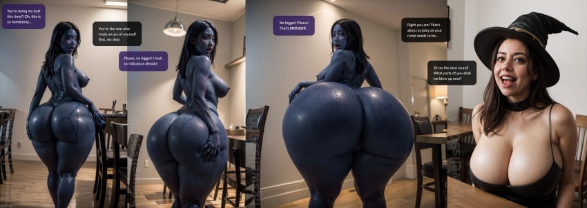 2girls ai_generated asian asian_female ass_expansion big_ass blue_skin blueberry_inflation dialogue expansion female hgswells9000 inflation light-skinned_female naked naked_female stable_diffusion tagme witch witch_hat