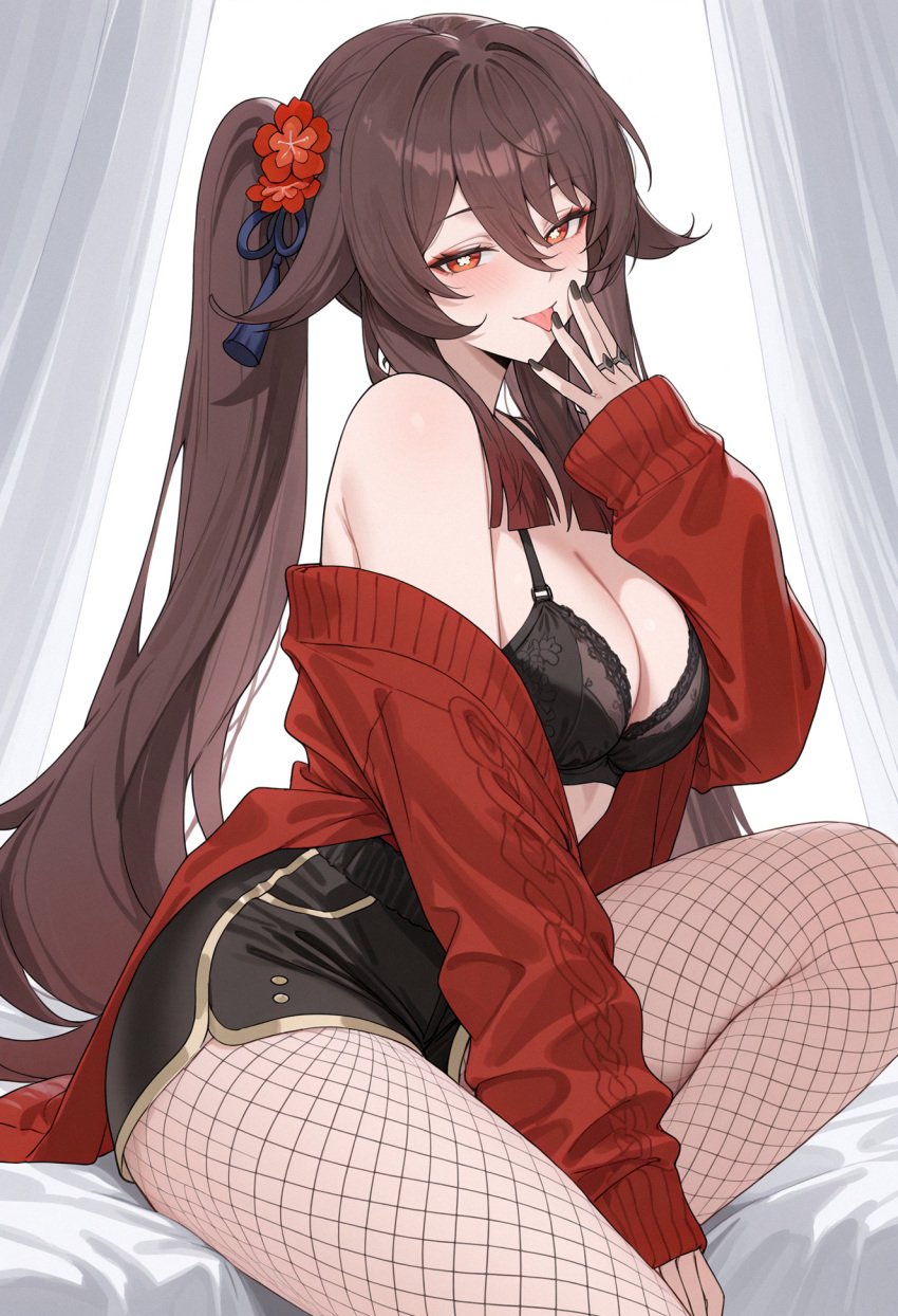 1girls ai_generated bare_shoulders bra breasts brown_hair fishnet_legwear fishnets genshin_impact hu_tao_(genshin_impact) nail_polish naughty_face red_eyes seductive seductive_look shorts solo twintails