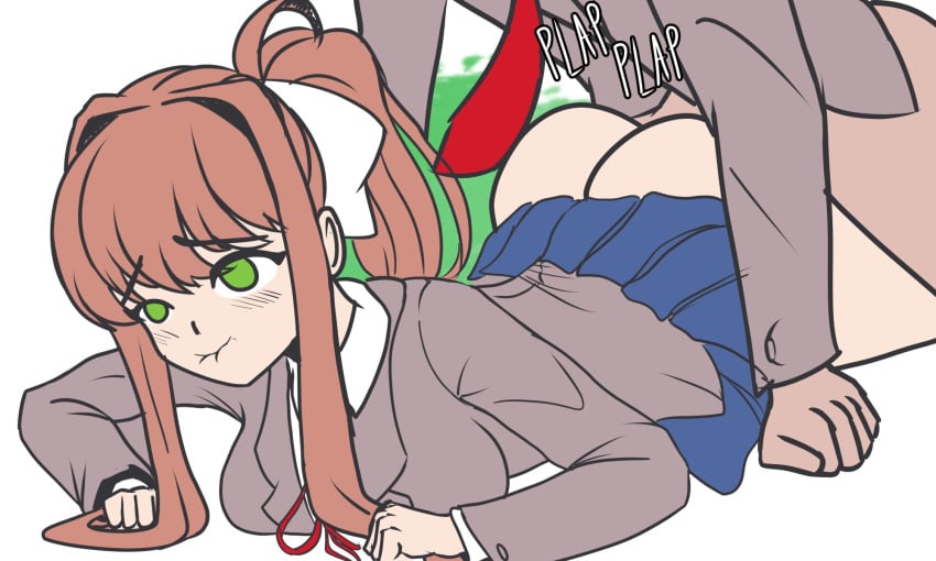 1boy 1girls ambiguous_penetration ass blue_skirt breasts doki_doki_literature_club green_eyes long_hair monika_(doki_doki_literature_club) moritaris onomatopoeia plap plap_(sound) red_tie sketch skirt tie unseen_male_face