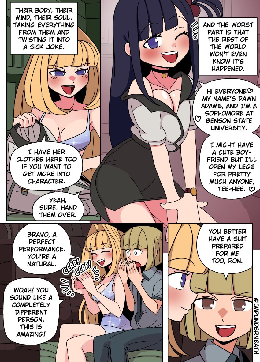 2girls blonde_hair color comic dawn_(impunderneath) disguise ellie_(impunderneath) english_text female imposter impunderneath original original_character possessed possession purple_eyes skinsuit