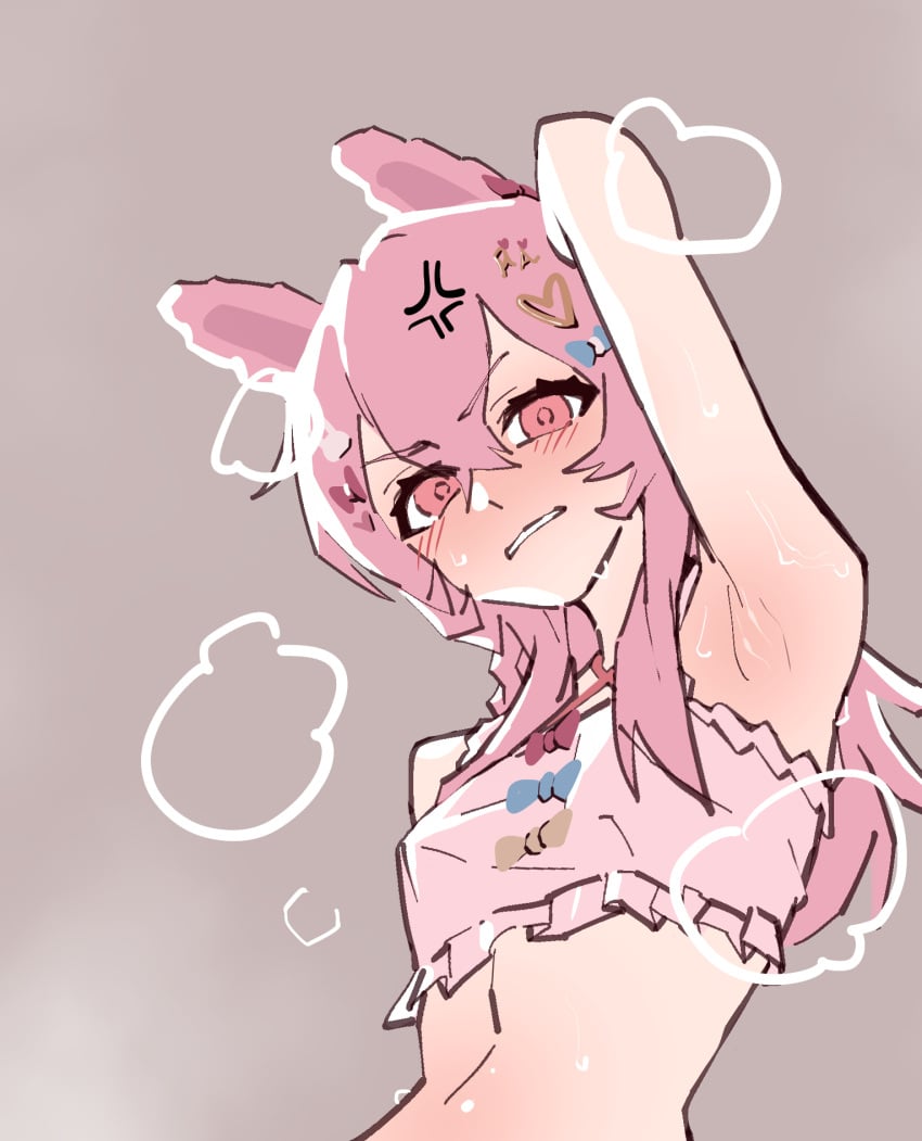 anger_symbol anger_vein armpits arms_up blush dingotoad dissappointed_look fit_female frustrated light_skin midriff pink_eyes pink_hair pipkin_pippa steaming_body sweat sweatdrop sweating sweaty sweaty_body vtuber