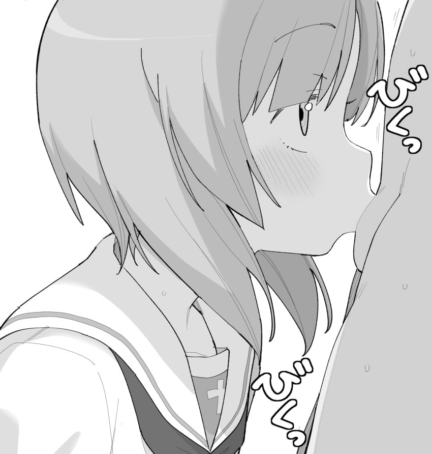 1boy blush clothed_female_nude_male fellatio female from_side girls_und_panzer greyscale henyaan_(oreizm) highres monochrome neckerchief nishizumi_miho nude oral profile sailor_collar shirt simple_background sound_effects straight sweat testicles