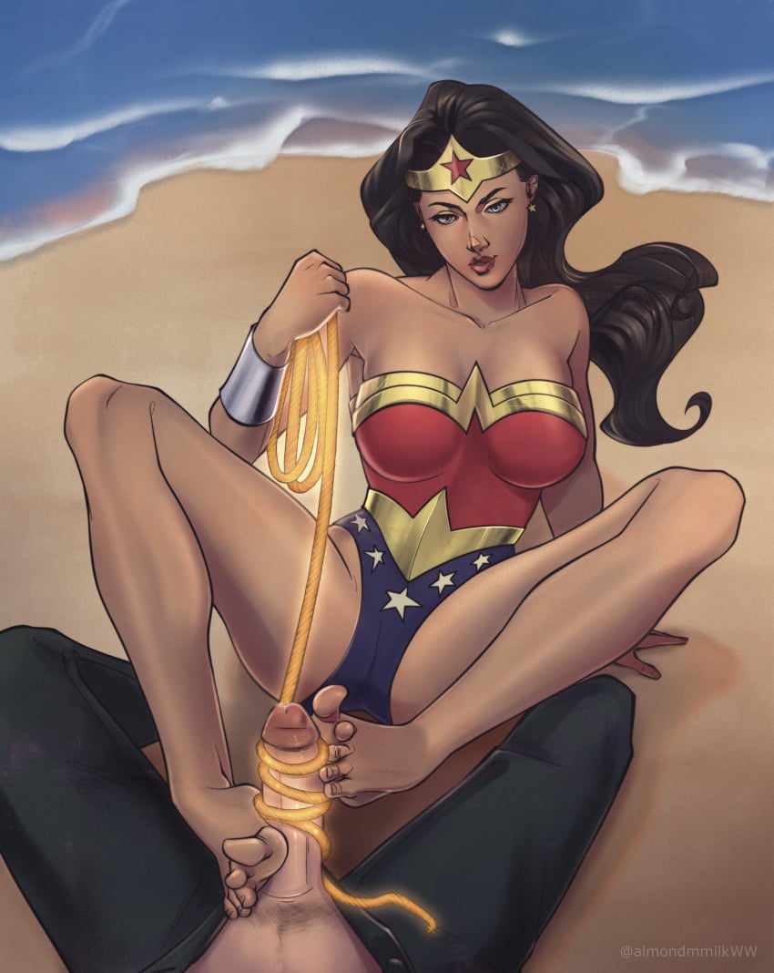 almendriww almondmmilkww beach bondage dc dc_comics dcau foot_fetish footjob male penis wonder_woman wonder_woman_(dcamu) wonder_woman_(justice_league) wonder_woman_(series) wonder_woman_2009