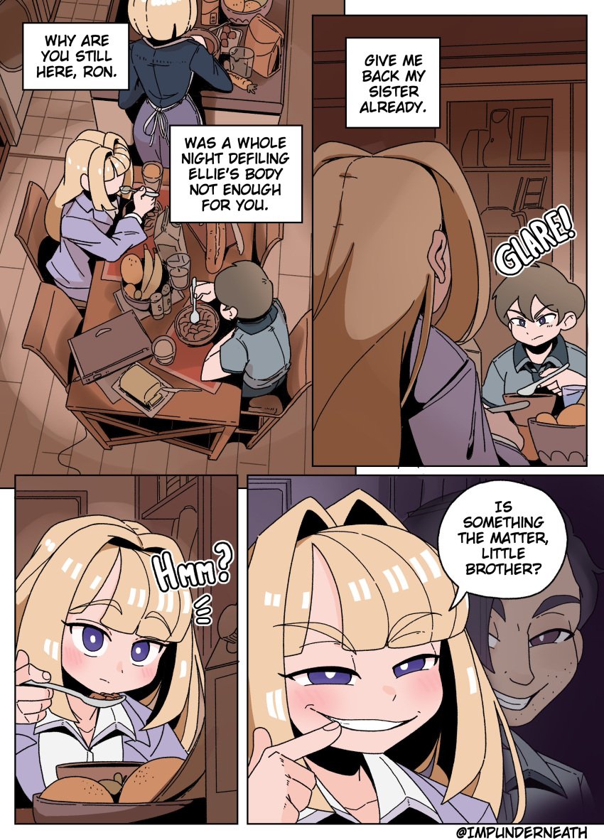 1boy 2girls brother_and_sister color comic disguise ellie_(impunderneath) english_text female imposter impunderneath original original_character possessed possession skinsuit smirk smirking