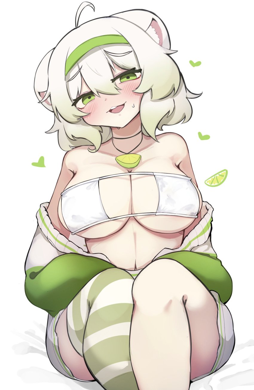 1girls absurd_res ahoge animal_ears big_breasts blush bra breasts cleavage clothed_female clothes_down clothing cute exposed_shoulders female ferret ferret_girl green_eyes green_hairband green_highlights hair_between_eyes hairband heart_symbol huge_breasts indie_virtual_youtuber laimu legwear lime long_sleeves looking_at_viewer multicolored_hair necklace nervous off_shoulder open_mouth sae_art shirt_down short_hair sitting sleeves solo striped_legwear sweatdrop sweater thick_thighs thighhighs thighs two_tone_hair virtual_youtuber vtuber white_bra white_hair