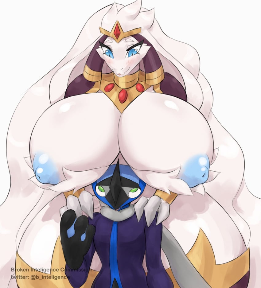 anthro areola b_inteligence big_breasts blue_areola blue_eyes blue_nipples blush breasts chico030 circlet clothed clothing duo female generation_5_pokemon generation_6_pokemon green_eyes greninja hair hi_res huge_breasts huge_thighs larger_female legendary_pokemon male nintendo nipples pokemon pokemon_(species) reshiram shirt size_difference smaller_male thick_thighs topless topwear white_body white_hair