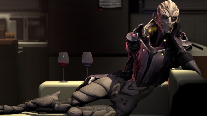 3d alcohol alien arm_support armor bar beverage bottomless clothed clothing female hand_on_thigh leaning_on_elbow looking_at_viewer lying mass_effect on_couch on_side partially_clothed pussy seductive solo source_filmmaker turian video_games voui wine wine_glass