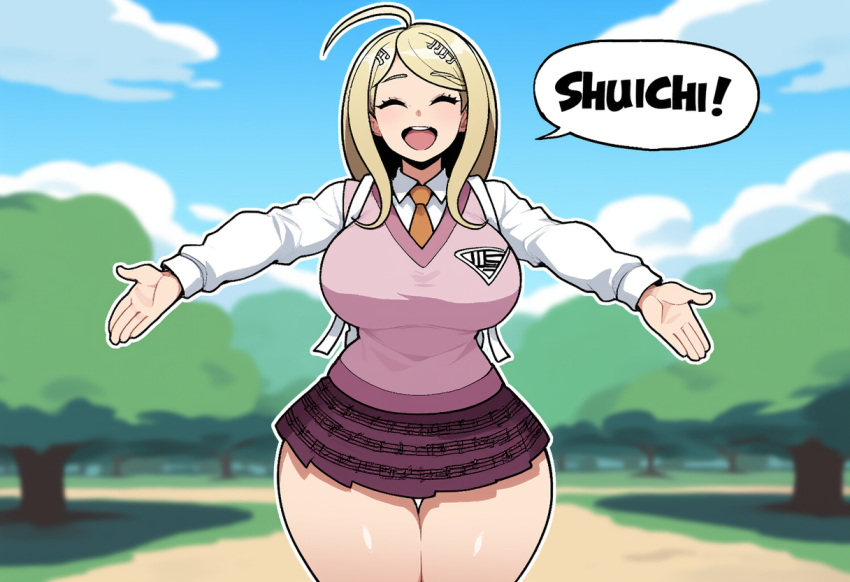 1girls ai_generated akamatsu_kaede closed_eyes danganronpa danganronpa_v3 large_breasts novelai outdoors outstretched_arms park smile solo_female speech_bubble thick_thighs thigh_gap wide_hips