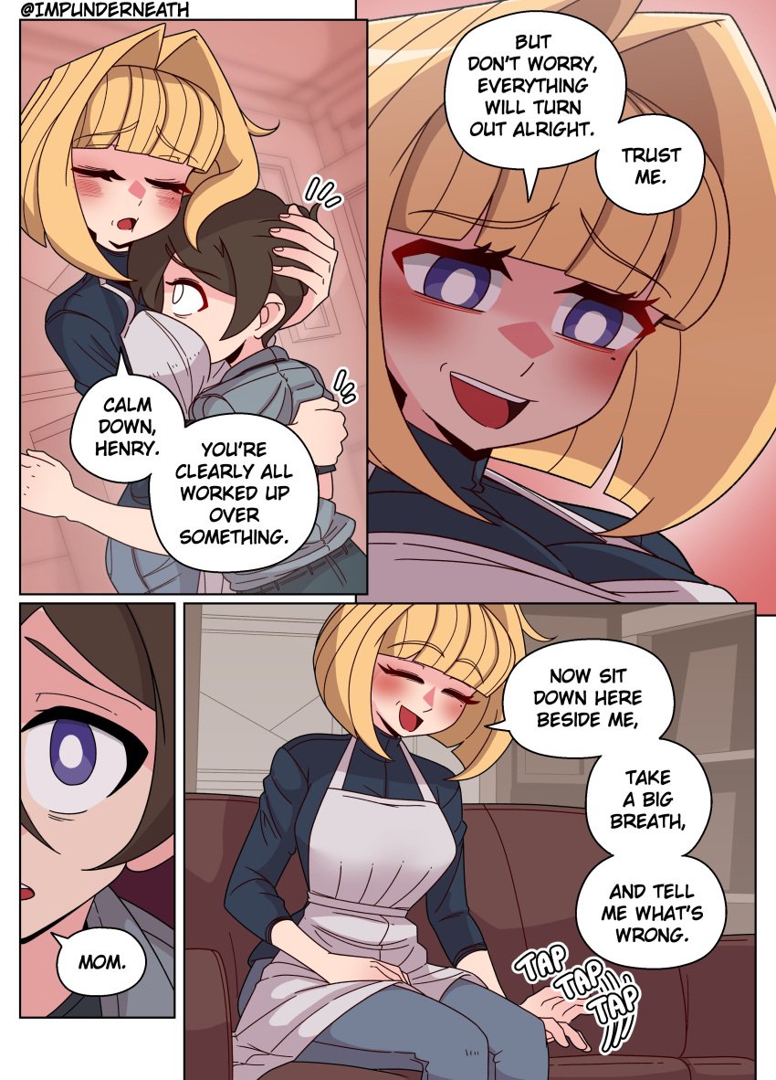 blonde_hair color comic english_text female impunderneath maria_(impunderneath) milf mother mother_and_son original original_character possessed possession purple_eyes