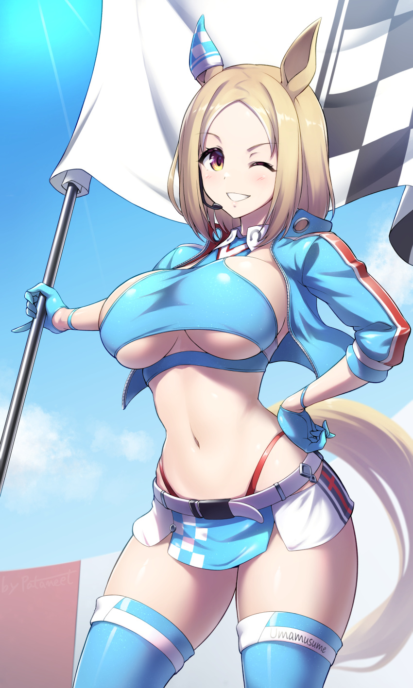 1girls bare_midriff female female_only flag fully_clothed gloves holding_flag looking_at_viewer midriff miniskirt one_eye_closed pataneet png race_queen revealing_clothes shiny_clothes skimpy_clothes skirt stockings thighhighs thong thong_straps underboob yellow_eyes