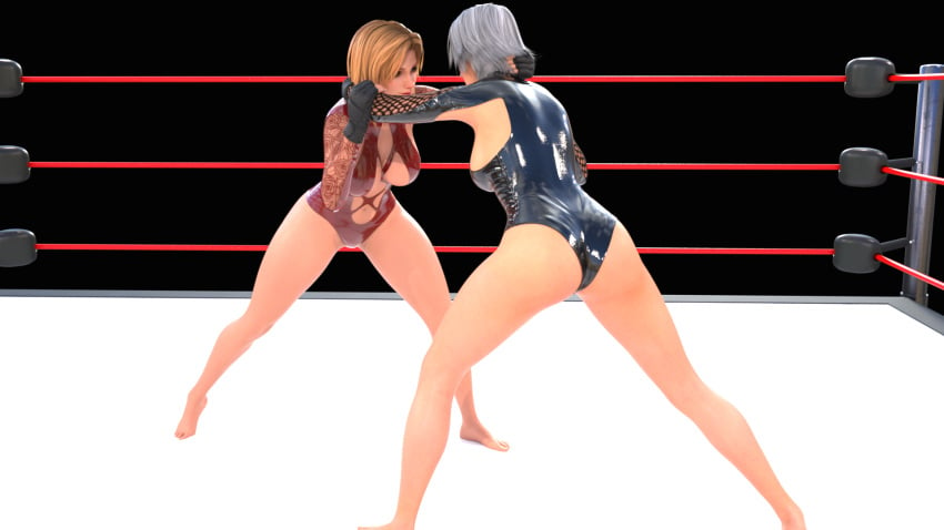 2girls 3d ass barefoot blonde_female blonde_hair breasts catfight christie_(doa) dead_or_alive erotic_costume female female_only femdom fight fighting gloves latex_suit lingerie sexfight silver_hair thick_thighs thighs tina_armstrong wrestler wrestling wrestling_femdom wrestling_ring wrestlingryona yuri