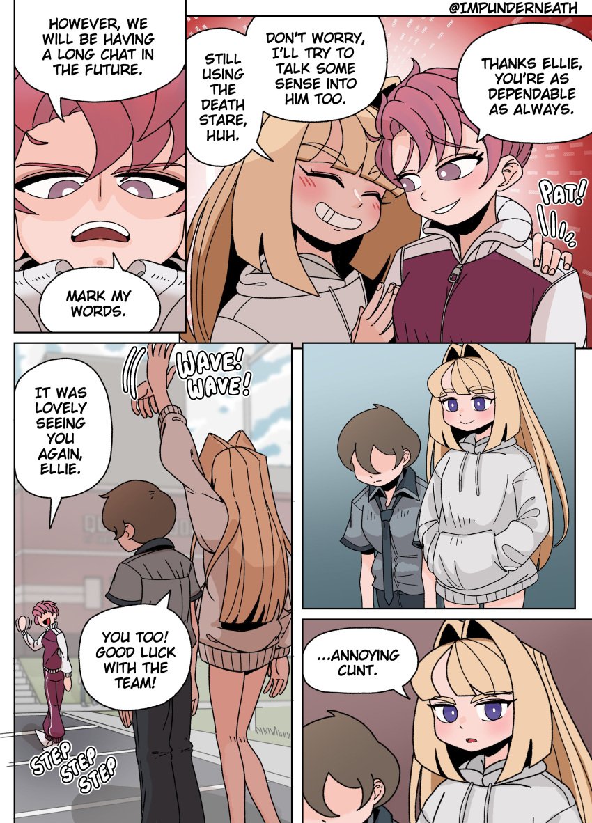 2girls color comic disguise ellie_(impunderneath) english_text female imposter impunderneath original original_character possessed possession skinsuit