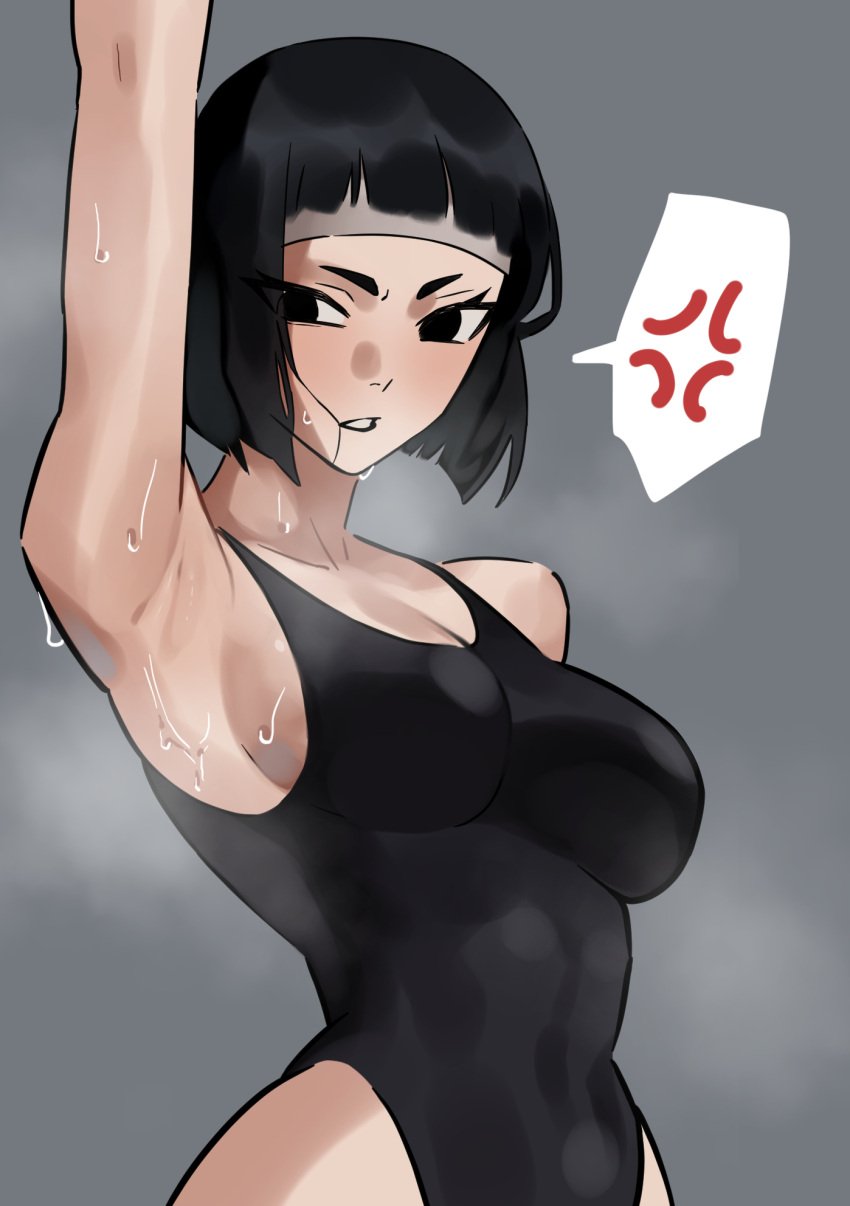 anger_symbol armpit armpits breasts dingotoad fit_female frustrated headband leotard medium_breasts one_piece_swimsuit short_hair steaming_body sweat sweatdrop sweating