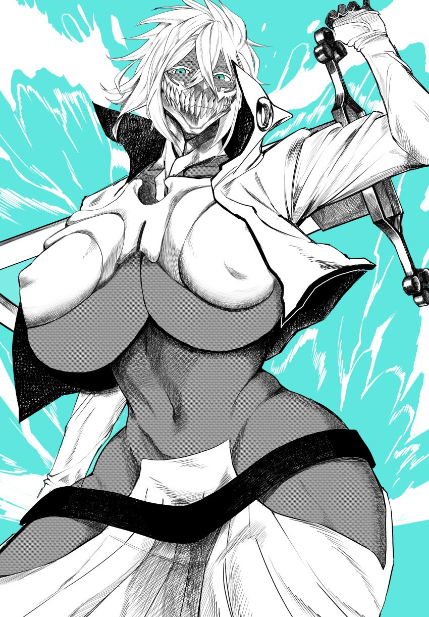 1girls 2025 artist_request big_breasts bleach blonde_hair blonde_hair_female breasts colored covered_nipples dark-skinned_female dark_skin gloves greyscale_with_colored_background hips huge_breasts jacket large_breasts long_gloves long_sleeves looking_at_viewer mask masked masked_female mature mature_female monochrome navel nipple_bulge open_jacket short_hair sideboob sword sword_on_back tia_harribel toned toned_body toned_female underboob water white_jacket