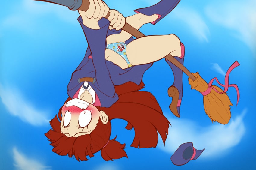 accidental_exposure akko_kagari broom_riding embarrassed_underwear_female euf front-print_panties little_witch_academia print_panties rnp upside-down