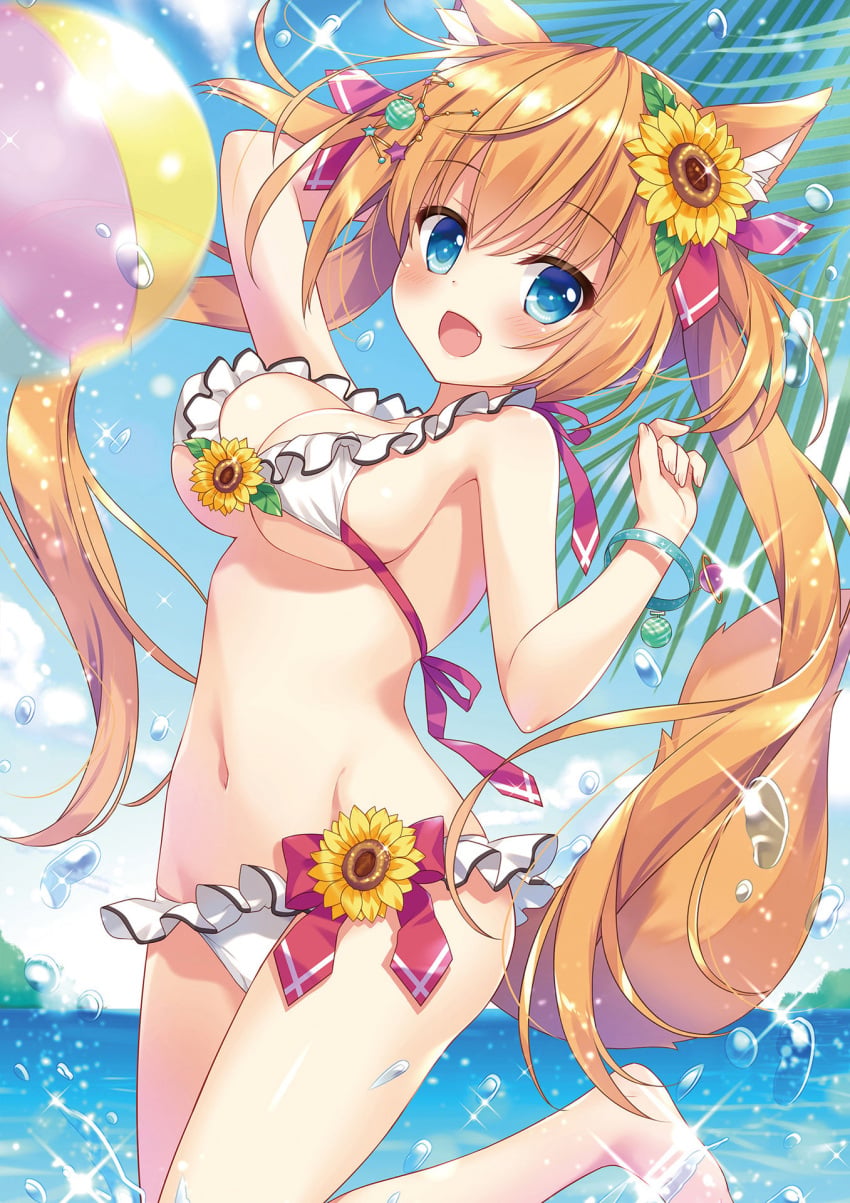 1girl ameto_yuki animal_ear_fluff animal_ears beach beachball bikini bikini_bottom bikini_top blonde_hair blue_sky blush breasts flower flower_hair_ornament fox_ears fox_girl fox_tail frilled_bikini frills hair_ornament hair_ribbon highres large_breasts looking_at_viewer original palm_leaf palm_tree sea small_but_busty tail tied_hair twintails