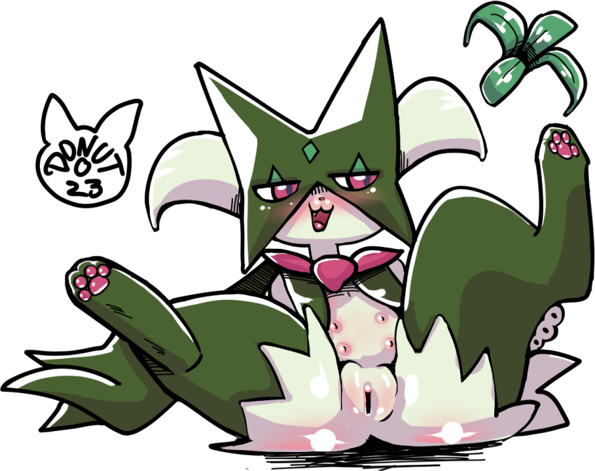 2023 blush felid feline female generation_9_pokemon genitals mammal meowscarada misterdonut multi_nipple nintendo nipples pawpads paws pokémon_(species) pokemon pokemon_sv pussy smug spread_legs spreading