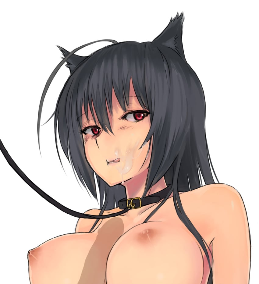 :q ahoge animal_ears black_hair blush chuunibyou_demo_koi_ga_shitai! collar cum facial female highres larloses leash lips long_hair paizuri penis red_eyes simple_background solo takanashi_touka tongue white_background