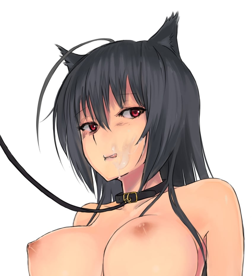 :q ahoge animal_ears black_hair blush chuunibyou_demo_koi_ga_shitai! collar cum facial female highres larloses leash lips long_hair red_eyes simple_background solo takanashi_touka tongue white_background