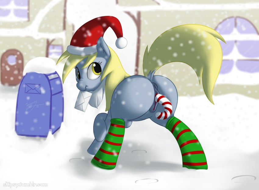 2012 anthro anus blonde_hair candy_cane cutie_mark derpy_hooves equine female friendship_is_magic furry furry_only grey_fur hair hat horse mail my_little_pony pony pussy raised_tail skipsy snow socks stockings yellow_eyes