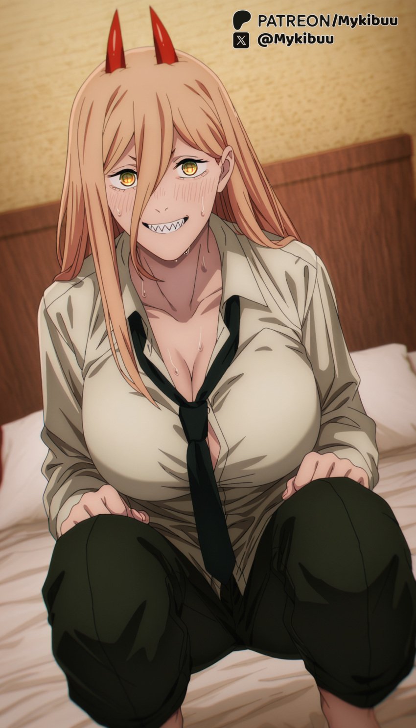 ai_generated alternate_breast_size black_necktie black_pants blonde_hair blush breasts button_gap chainsaw_man cleavage collarbone collared_shirt cross-shaped_pupils demon_horns female grin hair_between_eyes horns indoors large_breasts long_hair long_sleeves looking_at_viewer loose_necktie mykibuu necktie on_bed pants partially_unbuttoned pillow power_(chainsaw_man) red_horns sharp_teeth shirt smile solo squatting sweat symbol-shaped_pupils teeth white_shirt yellow_eyes