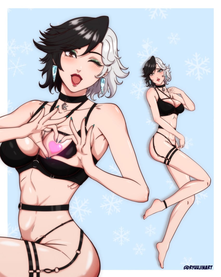 2d big_ass big_breasts big_butt big_thighs big_titties black_hair breasts clothed clothing curvaceous curvaceous_female curvaceous_figure curvy curvy_figure curvy_hips female female_focus female_only lingerie looking_at_viewer luna_snow luna_snow_(marvel_rivals) marvel marvel_comics marvel_rivals ryuujinart short_hair smile white_hair wink winking