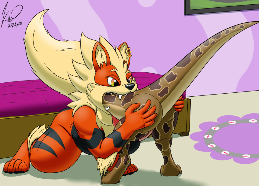 1boy 1girls anthro arcanine ass bedroom female_pred furry interspecies jake killero male_prey nintendo original_character penis pokemon pokemon_(species) reptile same_size scalie shaleh video_games vore