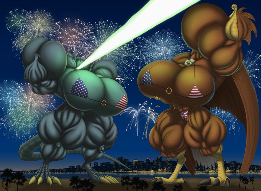 2girls 4th_of_july abs american_flag_bikini biceps big_breasts big_muscles bikini bird breasts eagle female godzilla huge_breasts huge_muscles joakimthefzl kaiju large_breasts large_muscles muscles muscular muscular_arms muscular_female muscular_legs muscular_thighs pecs reptile tail