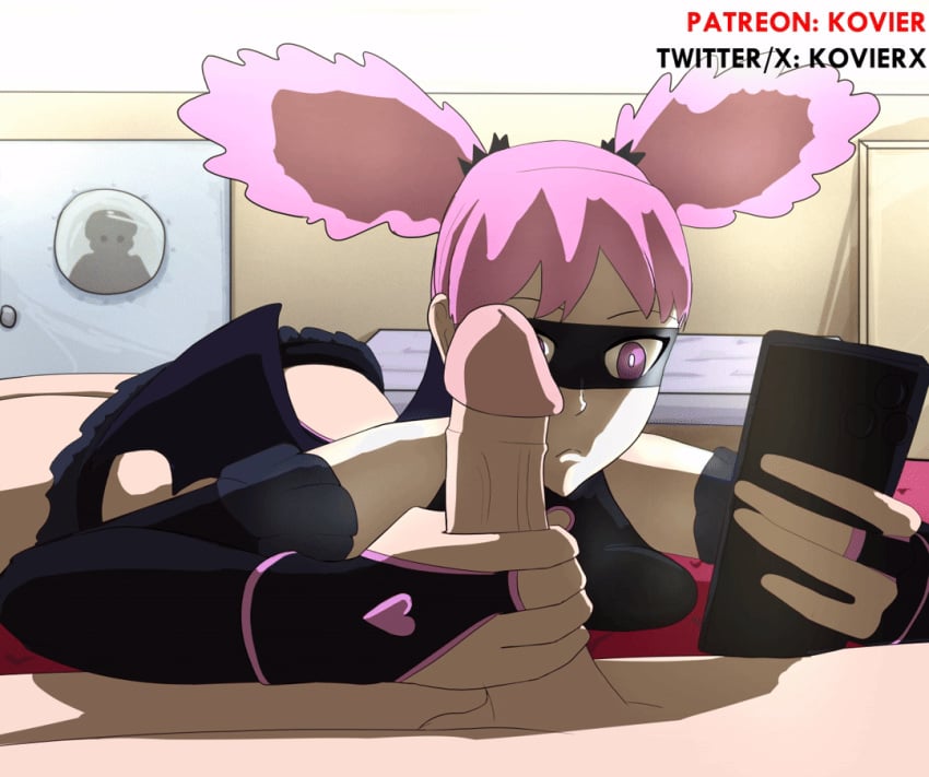 1boy 1girls 2025 2d animated background big_breasts big_penis bored breasts_press costume distracted female gloves handjob haneyama_kazuho kovier laying_down laying_on_bed male mask patreon patreon_username phone pink_hair pop_step twitter twitter_username vigilante:_my_hero_academia_illegals watermark
