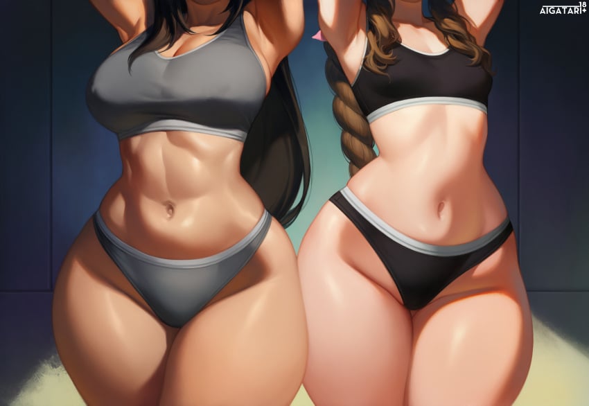 aerith_gainsborough ai_generated aigatari blacked chubby cuckold final_fantasy final_fantasy_vii netorare netorase nsfw ntr sports_bra sweat tifa_lockhart underwear wide_hips