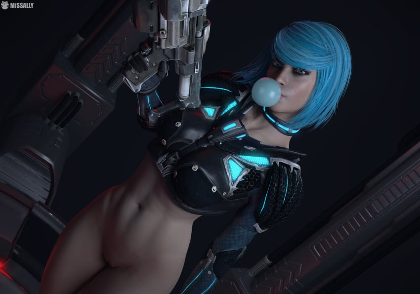 3d big_breasts blue_hair bubble_gum female gun human looking_at_viewer missally no_panties nyx_(quake_champions) quake quake_champions video_games