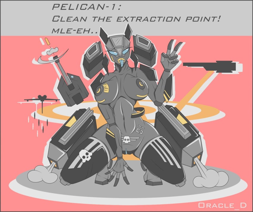 5_fingers aeromorph armor armored_female big_breasts black_body blue_eyes dark_skin engines explosion female glowing_genitalia grey_body gun helldivers_2 looking_at_viewer oracle_dominus peace_sign pelican_1_(helldivers) pose red_background robot robot_girl sexbot sitting solo_female squatting succubus_tattoo tagme text tongue_out turret vehicle yellow_lips yellow_lipstick