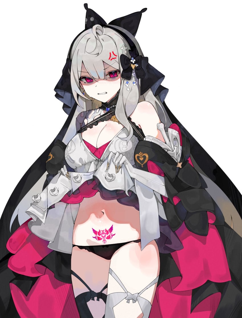 1girls anger_vein angry angry_face bare_shoulder bare_thighs belly_button big_breasts black_panties cleavage exposed_shoulder gray_hair grey_hair hi_res highres legwear lifting_dress lifting_own_clothes looking_at_viewer medium_breasts navel nijisanji nijisanji_en pubic_tattoo red_eyes reimu_endou showing_off showing_panties solo solo_female solo_focus thighhighs thighs tummy virtual_youtuber wems