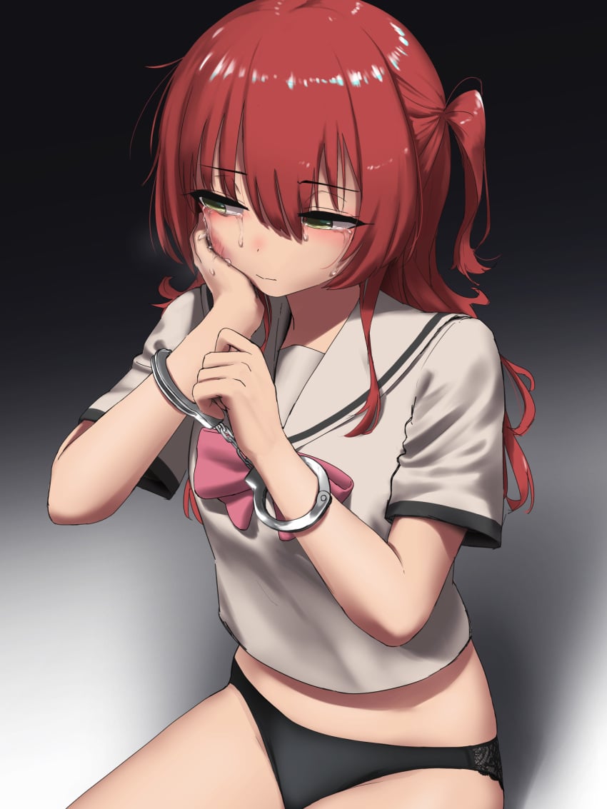 black_panties bocchi_the_rock! breasts bruise bruise_on_face collared_shirt cropped_shirt crying crying_with_eyes_open cuffs dochi_(dosa_dosa_dosa) female green_eyes handcuffs highres injury kita_ikuyo looking_to_the_side open_mouth panties red_hair shirt shirt_overhang short_sleeves side_ponytail sitting small_breasts solo tears underwear white_shirt
