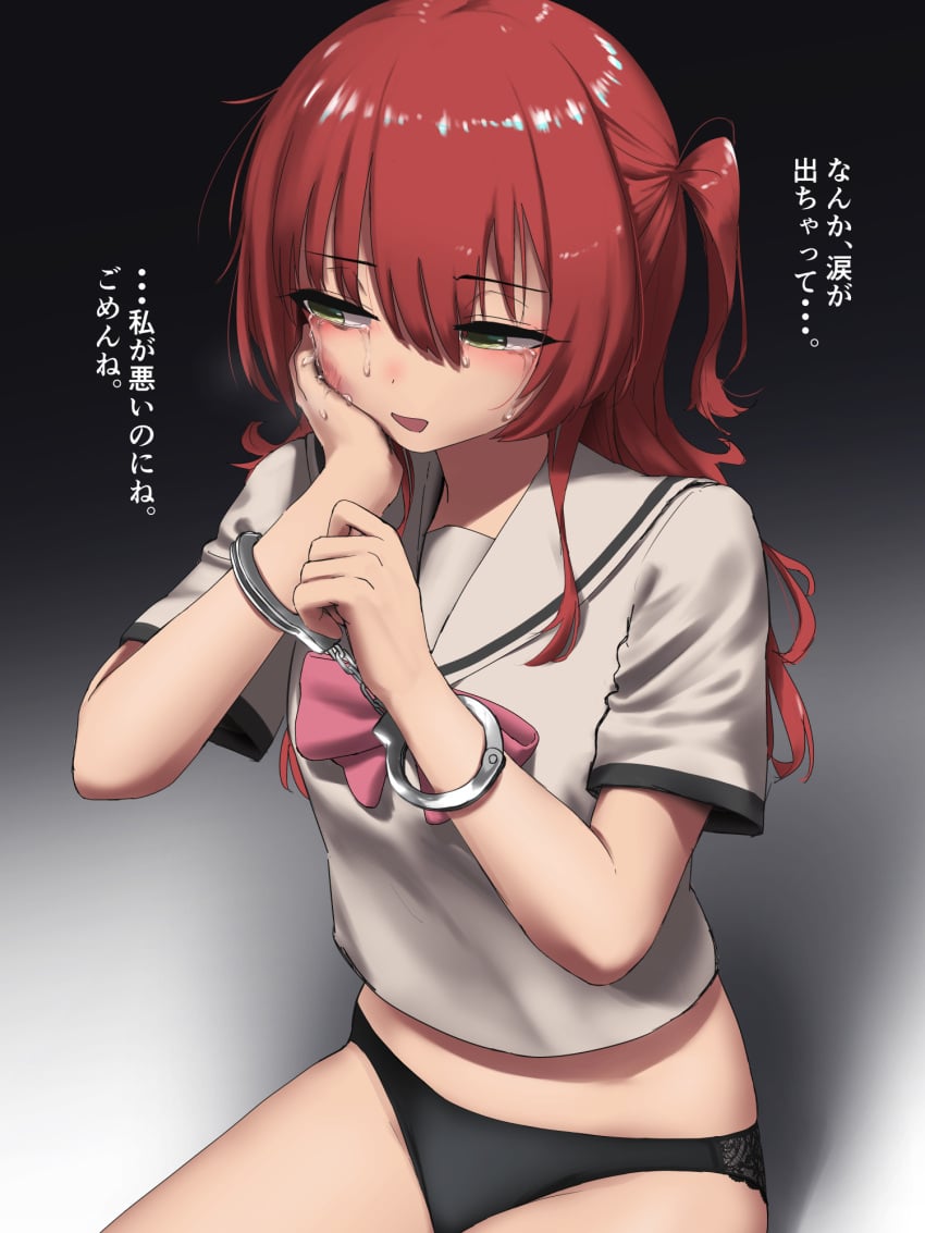 black_panties bocchi_the_rock! breasts bruise bruise_on_face collared_shirt cropped_shirt crying crying_with_eyes_open cuffs dochi_(dosa_dosa_dosa) female green_eyes handcuffs highres injury kita_ikuyo looking_to_the_side open_mouth panties red_hair shirt shirt_overhang short_sleeves side_ponytail sitting small_breasts solo tears underwear white_shirt
