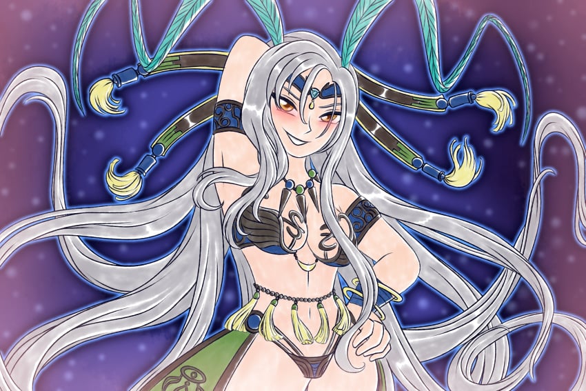 1girls antenna_hair armband ashe-yusenko bikini breasts commission female female_focus final_fantasy final_fantasy_x grey_hair hair_ornament hairpin jewelry large_breasts long_hair monster_girl necklace open_mouth solo swimsuit thighs very_long_hair white_hair wristband yunalesca