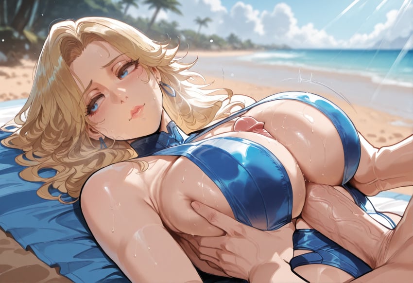 1boy 1girls ai_generated areolae bangs bare_shoulders beach between_breasts bikini blonde_hair blue_bikini blue_eyes blue_one-piece_swimsuit blue_sky blue_swimsuit blush breast_grab breast_press breasts breasts_squeezed_together cleavage closed_mouth clothed_female clothed_female_nude_male clothing cloud curvaceous curvaceous_female curvaceous_figure curvy curvy_figure day earrings erection exhibitionism female female female_focus grabbing grabbing_another&#039;s_breast groping huge_breasts invisible_woman invisible_woman_(marvel_rivals) jewelry large_breasts large_penis light-skinned_female light_skin lips long_hair looking_to_the_side lying male male_pov marvel marvel_comics marvel_rivals miyuai navel nipples nude ocean on_back one-piece_swimsuit outdoor_nudity outdoors outside outside_sex paizuri paizuri_under_clothes palm_tree parted_bangs penis sand sex shiny_skin sky smile solo_focus straddling_paizuri straight sue_storm sweat swimsuit thighs veins veiny_penis voluptuous voluptuous_female water wet