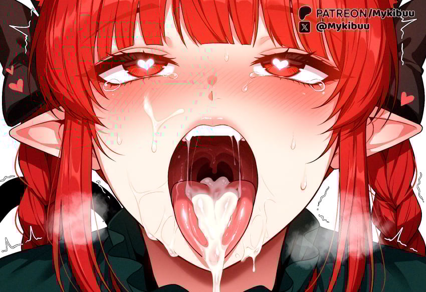 :3 after_fellatio ahe_gao ai_generated animal_ears black_bow black_cat blunt_bangs blush bow braid cat_ears cat_tail close-up cum cum_in_mouth cum_on_tongue extra_ears facial fangs feline female hairbow heart heart-shaped_pupils kaenbyou_rin kaenbyou_rin_(cat) long_hair looking_at_viewer multiple_tails mykibuu nekomata open_mouth pointy_ears portrait red_bow red_eyes red_hair shirt simple_background solo sweat symbol-shaped_pupils tail tears teeth third_eye tongue tongue_out trembling twin_braids two_tails upper_teeth_only uvula white_background