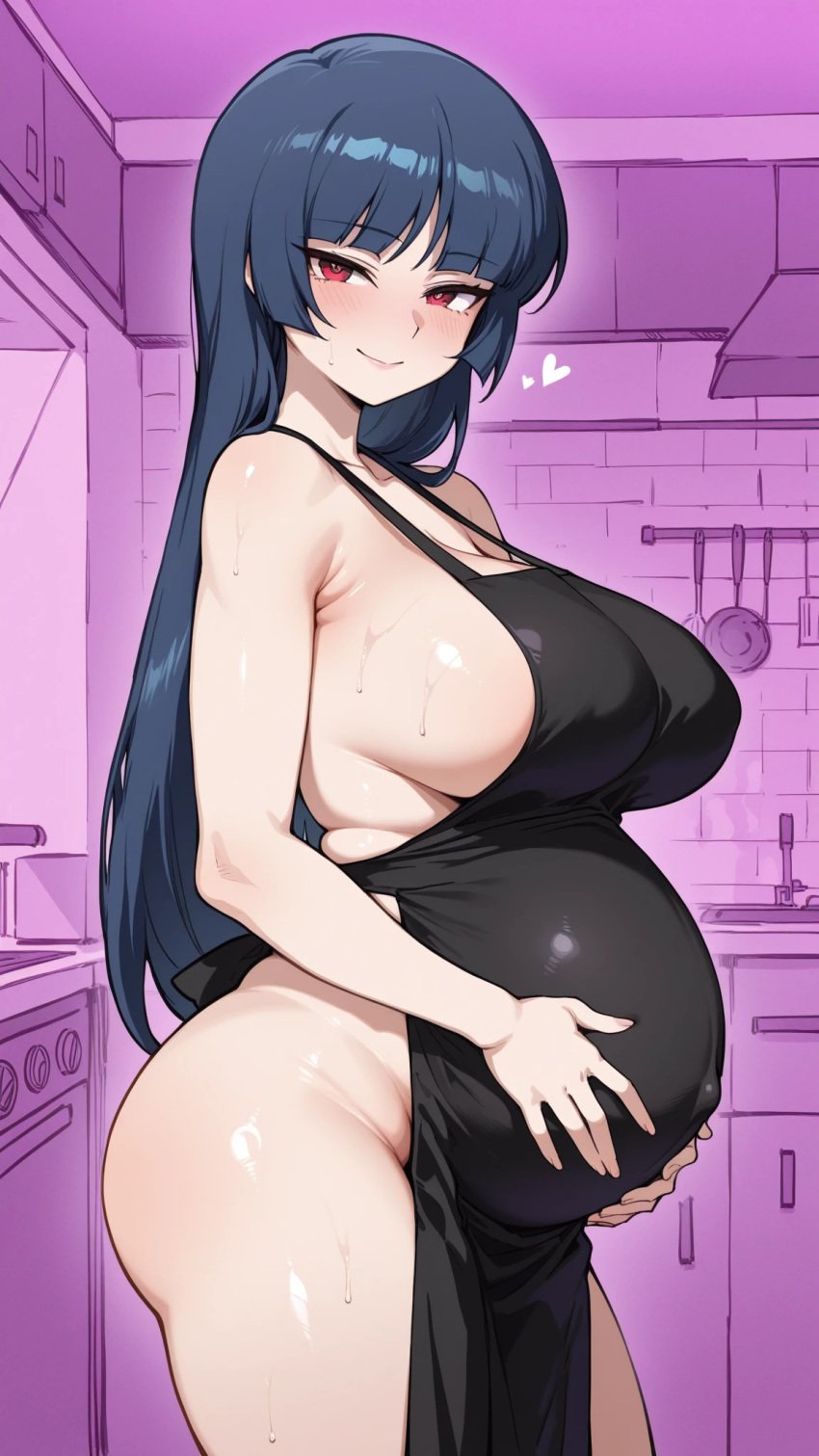 ai_art ai_assisted ai_generated apron ass belly belly_expansion big_ass big_ass_(female) big_belly big_breasts big_breasts cum curvy dark_hair female female natsume_(pokemon) nude pokemon pregnant red_eyes sex voluptuous voluptuous_female white_skin