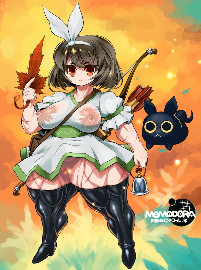 1girls big_breasts bottomless bow brown_hair denkou_nyako female female_only momo_reinol momodora momodora:_moonlit_farewell muscles muscular muscular_legs nipples nipples_visible_through_clothing no_panties no_underwear pussy red_eyes scars scars_all_over short_hair stockings thick_thighs thighhighs vagina wide_hips