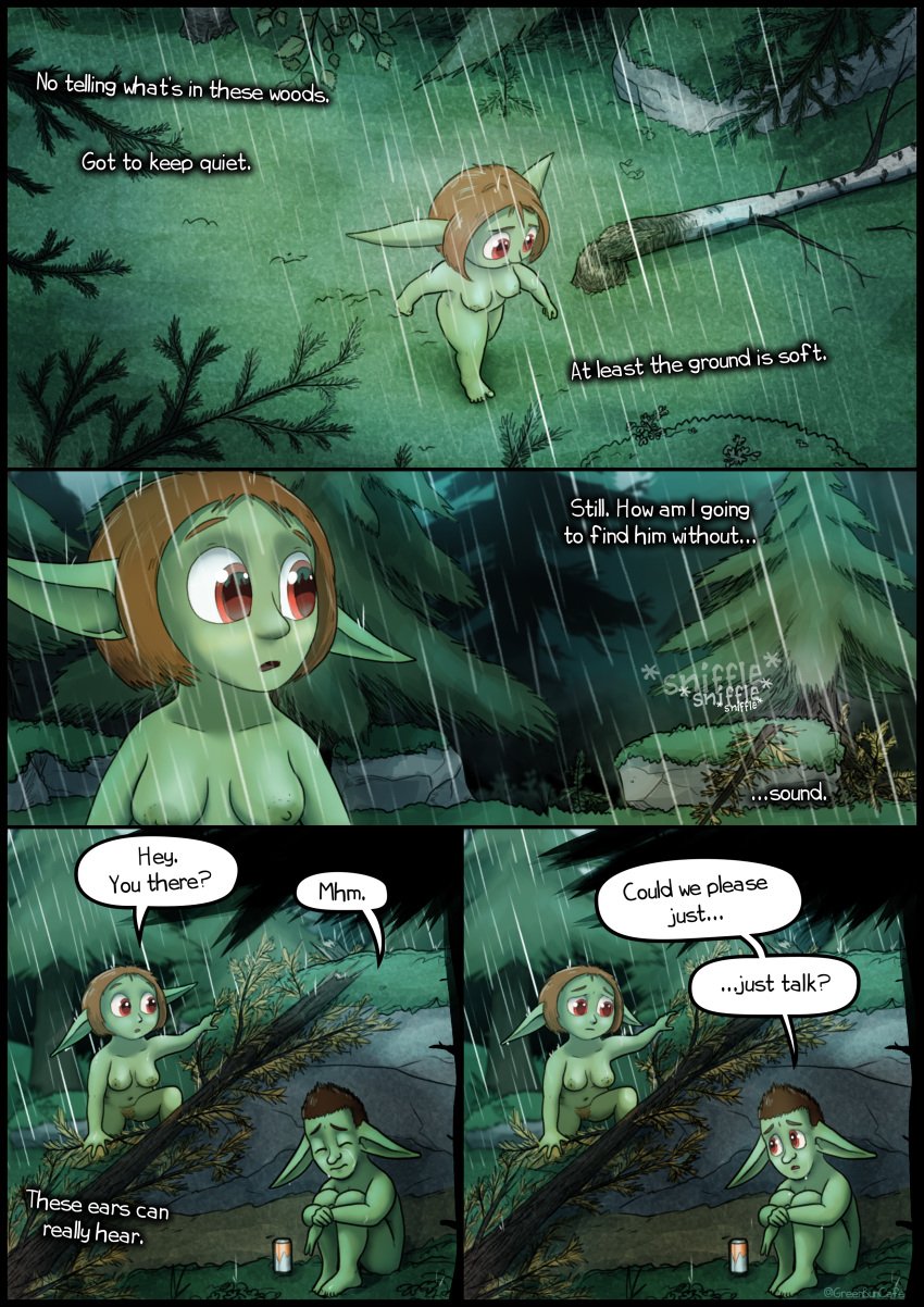absurd_res breasts colored comic curled_up dialogue digital_drawing_(artwork) digital_media_(artwork) duo english_text female fetal_pose forest genitals goblin green_body green_skin greenbuncafe hi_res humanoid inner_monologue male medium_breasts moss nipples nude plant pointy_ears pubes pussy raining red_eyes shaded short_stack signature text thinking tree vulva