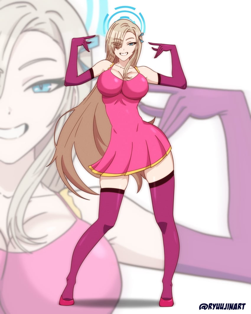 asuna_(blue_archive) big_ass big_breasts big_butt big_thighs big_titties blue_archive clothing curvaceous curvaceous_female curvaceous_figure curvy curvy_figure curvy_hips dress female female_focus female_only long_hair looking_at_viewer me!me!me! ryuujinart thigh_highs yellow_hair