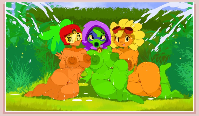 3girls beta-carrotina_(pvz) big_ass big_breasts female green_shadow_(pvz) needs_tags plant_girl plants_vs_zombies plants_vs_zombies:_heroes solar_flare_(pvz) thick_thighs