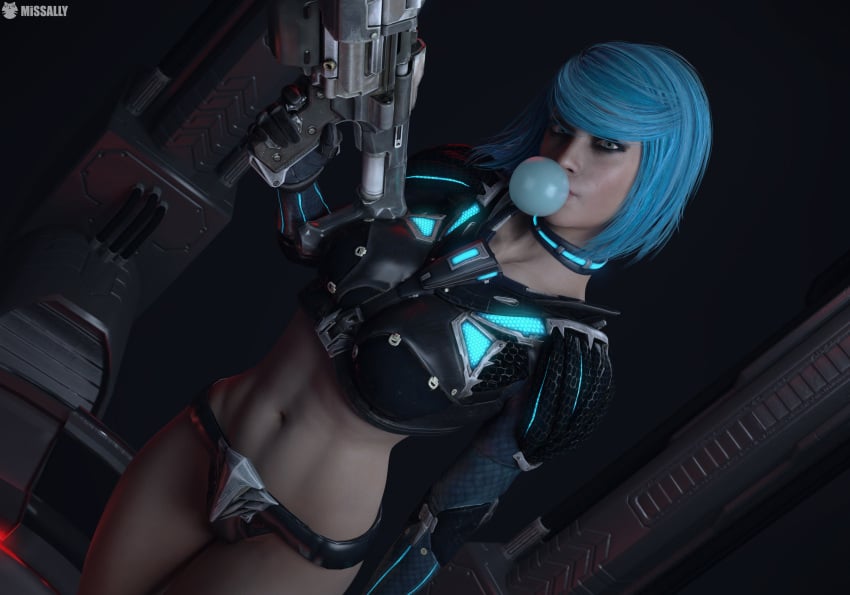 3d armor big_breasts blue_hair bubble_gum female gun human looking_at_viewer missally nyx_(quake_champions) quake quake_champions video_games