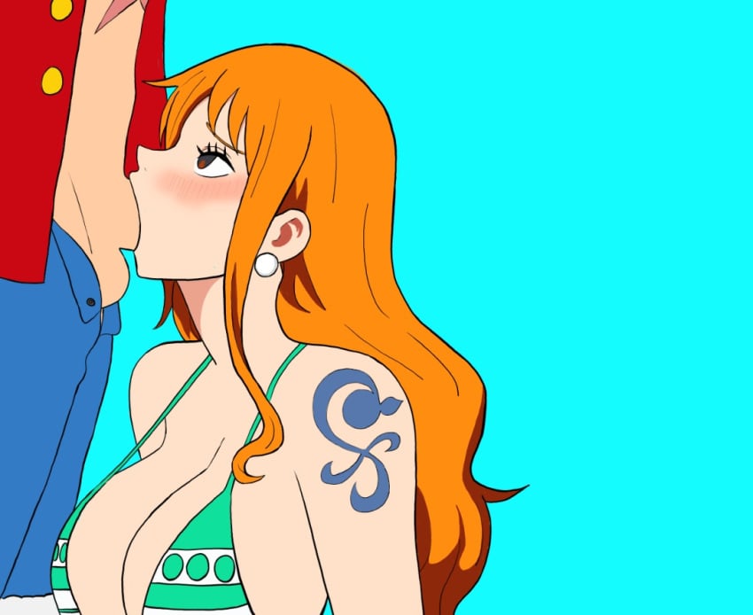 big_breasts bikini_top blowjob female male male/female monkey_d_luffy nami_(one_piece) one_piece orange_hair scar scar_on_chest sucking_penis tatto
